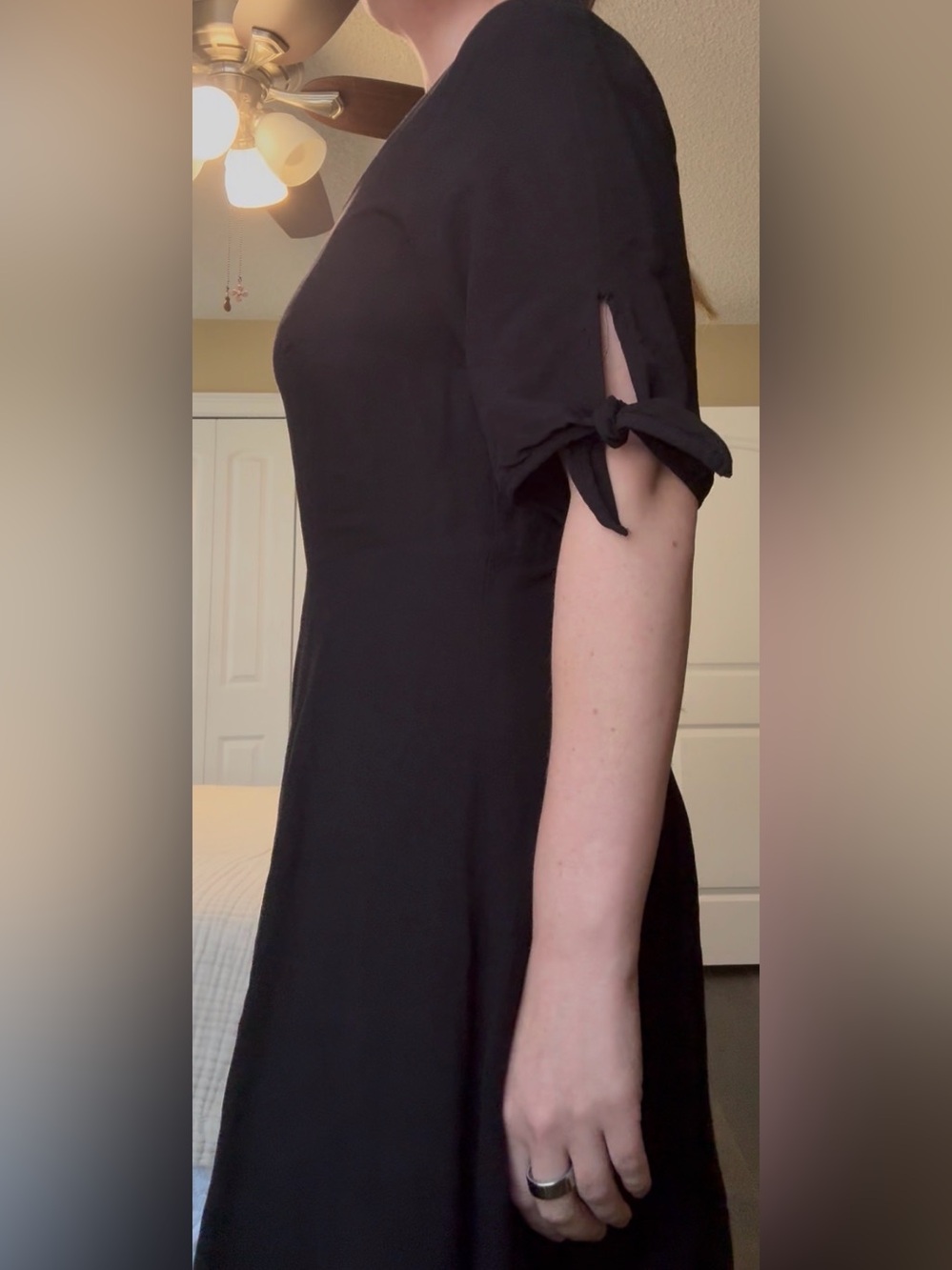 Ann Taylor Black Midi Dress with Tie Sleeves rayon and linen blend - Picture 5 of 9